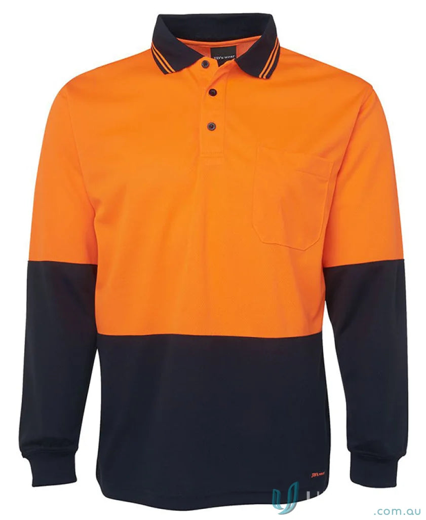 Orange and navy long-sleeved polo shirt perfect for uniforms in JBs HiVis LS Traditional Polo