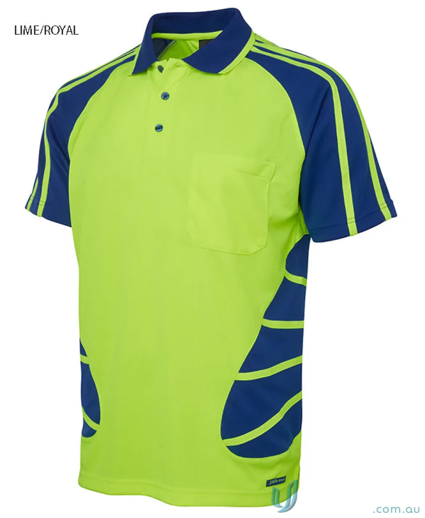 Lime and royal blue JBs HiVis Spider Polo shirt made with durable fabric for workwear