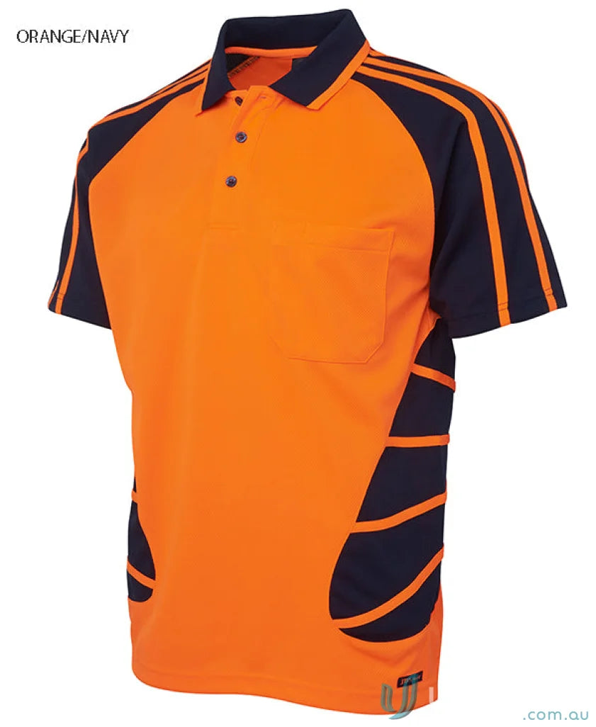Orange and navy JBs HiVis Spider Polo shirt made from durable fabric for workwear and uniforms