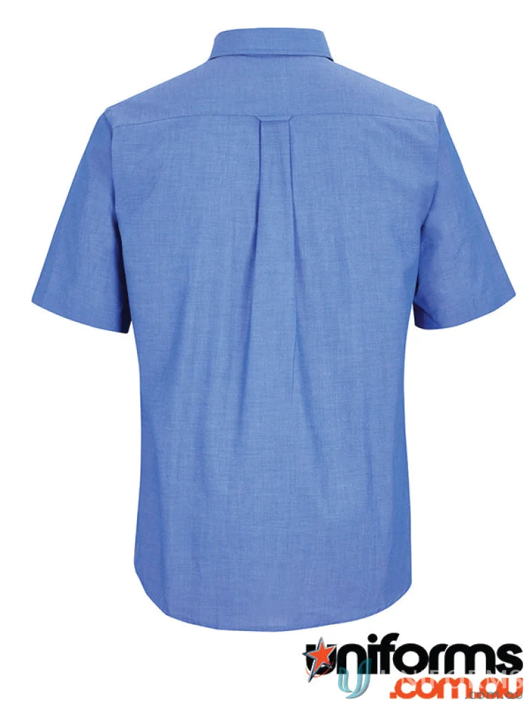 JBS Indigo Chambray SS Shirt with tortoise shell buttons and reinforced chest pocket