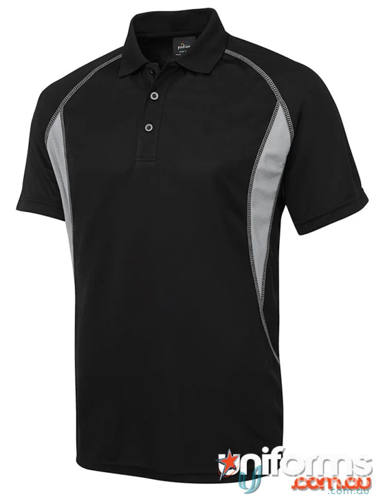 Black JBs Insert Poly polo shirt with gray side panels and Podium Cool moisture-wicking pique knit fabric