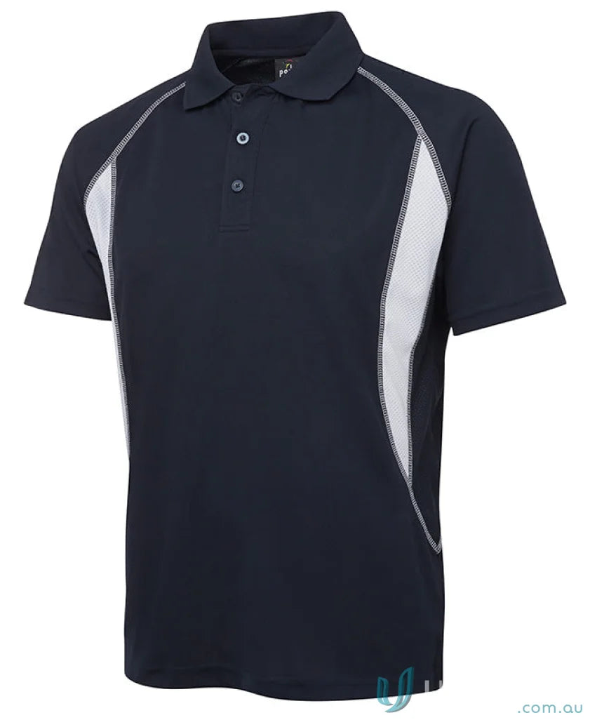Navy blue JBs Insert Poly polo shirt with white mesh side panels and podium cool moisture-wicking pique knit fabric