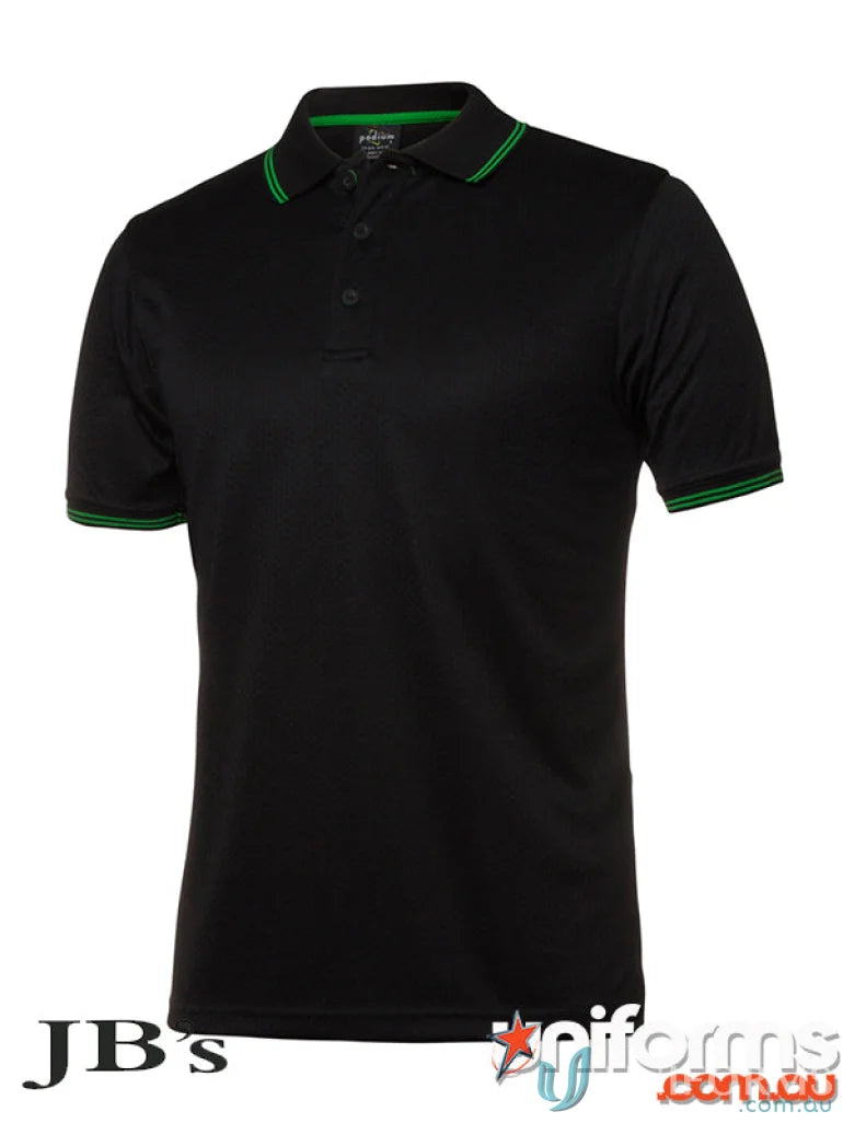 Black JB’s Jacquard Contrast Polo with green trim and contrast colour tipping for staying cool