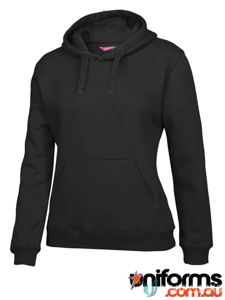 Black hooded sweatshirt from JBs Ladies Fleecy Hoodie with interchangeable drawcord colours