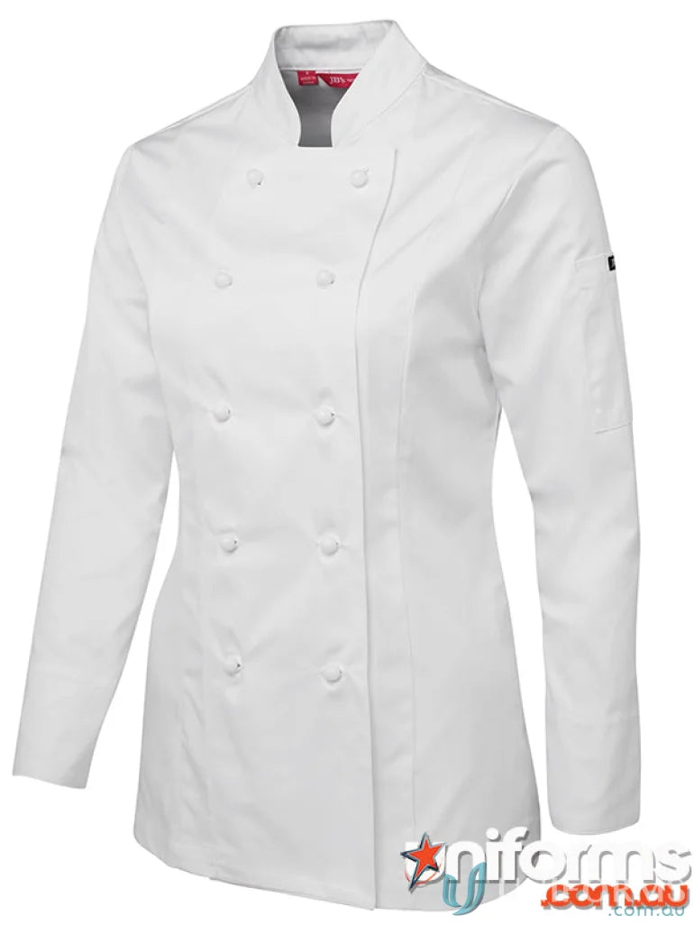White ladies long sleeve chefs jacket with double-breasted design from JBs