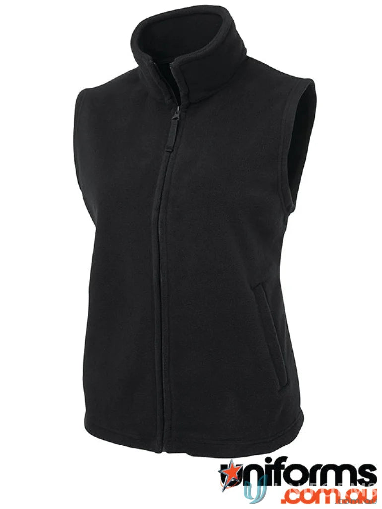 Black JBs Ladies Polar Vest made of 290gsm low-pill polar fleece with full zipper