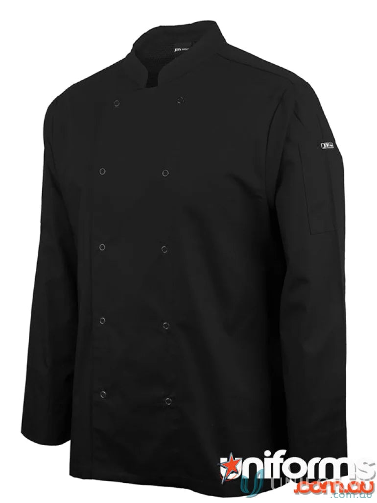 Black chef’s jacket with snap buttons and pen pockets from JBs L/S Snap Button Chefs Jacket