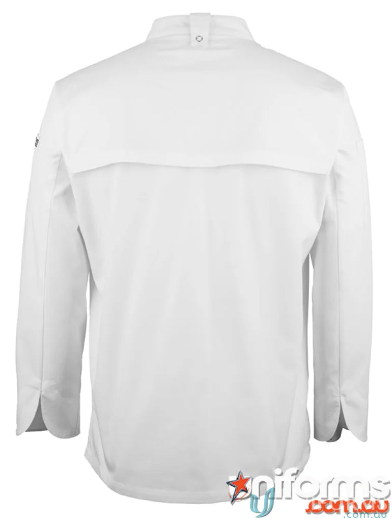 White chef’s jacket with snap buttons and pen pockets from JBs L/S Snap Button Chefs Jacket