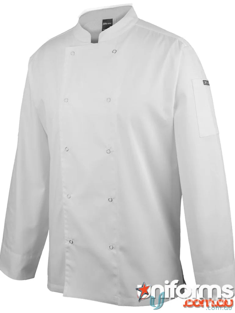 White chef’s jacket with snap buttons and pen pockets from JBs L/S Snap Button Chefs Jacket