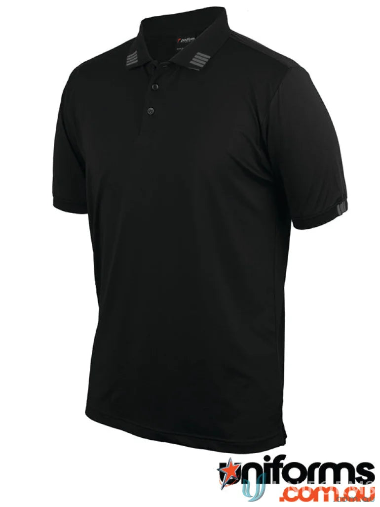 Black stretch polo with striped collar from JBs Podium 4 Stripe SS Stretch Polo, sun protection ready