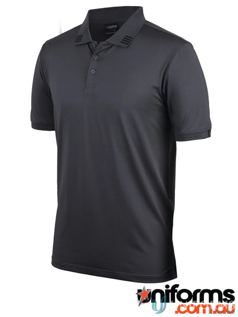 Dark gray stretch polo shirt with stripe short sleeve design, sun protection style