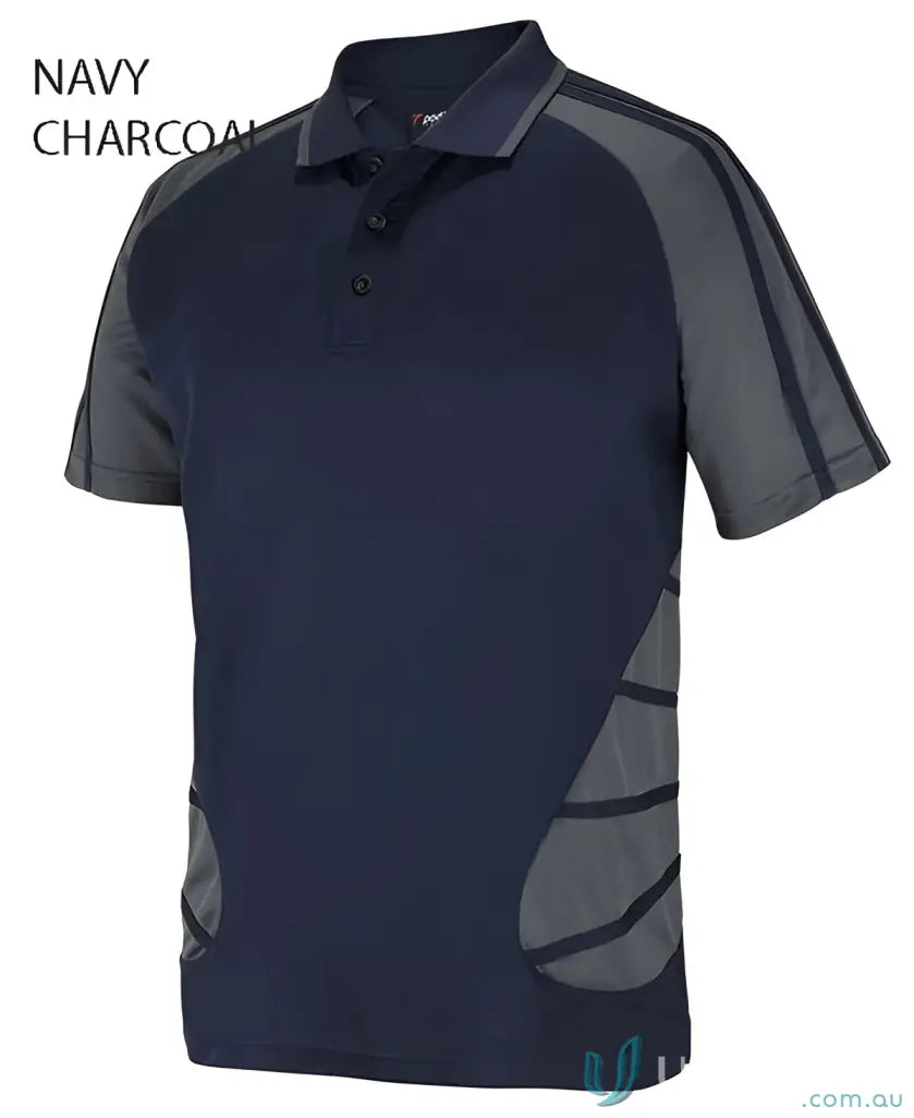 Navy and charcoal podium arachnid polo shirt in 160gsm pique knit with UPF protection