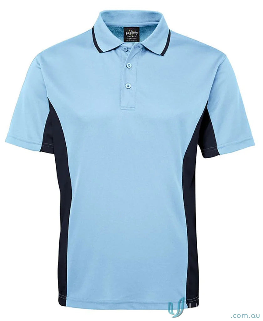 Light blue and navy JBs Podium Contrast Polo with Podium Cool moisture-wicking tech