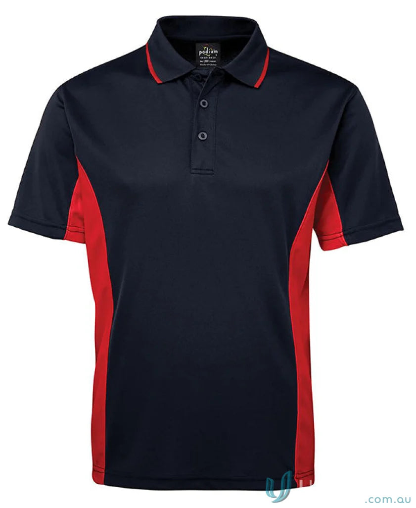JBs Podium Contrast Polo in navy and red with Podium Cool moisture-wicking and superior sun protection