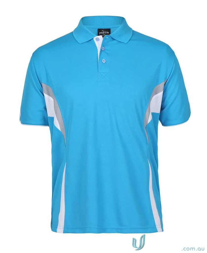 Blue and white polo shirt with dual-color body panel and moisture-wicking tech from JBs Podium Cool