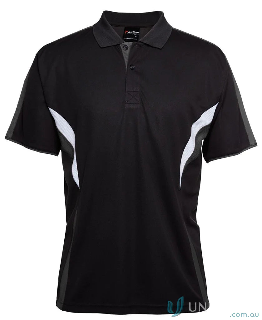 Black JBs Podium Cool Polo with dual-color body panel and moisture-wicking tech