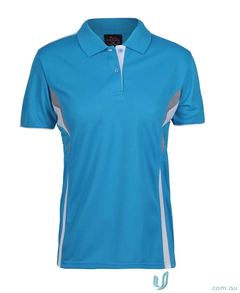 Blue and white polo shirt with dual-color body panel and moisture-wicking tech from JBs Podium Cool