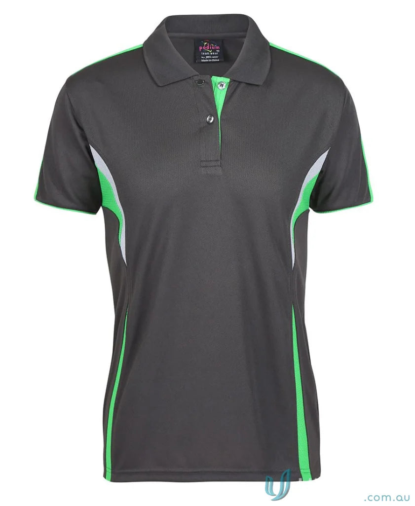 Gray and green womens JBs Podium Cool Polo with dual-color body panel and moisture-wicking tech