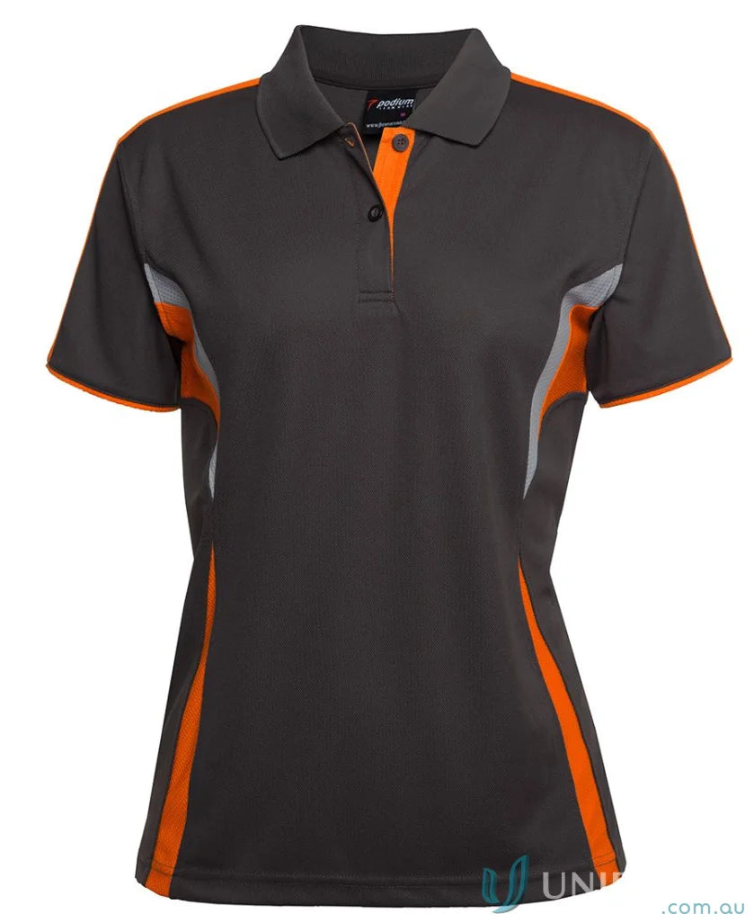 Gray and orange womens polo shirt with dual-color body panel and moisture-wicking tech at JBs Podium Cool