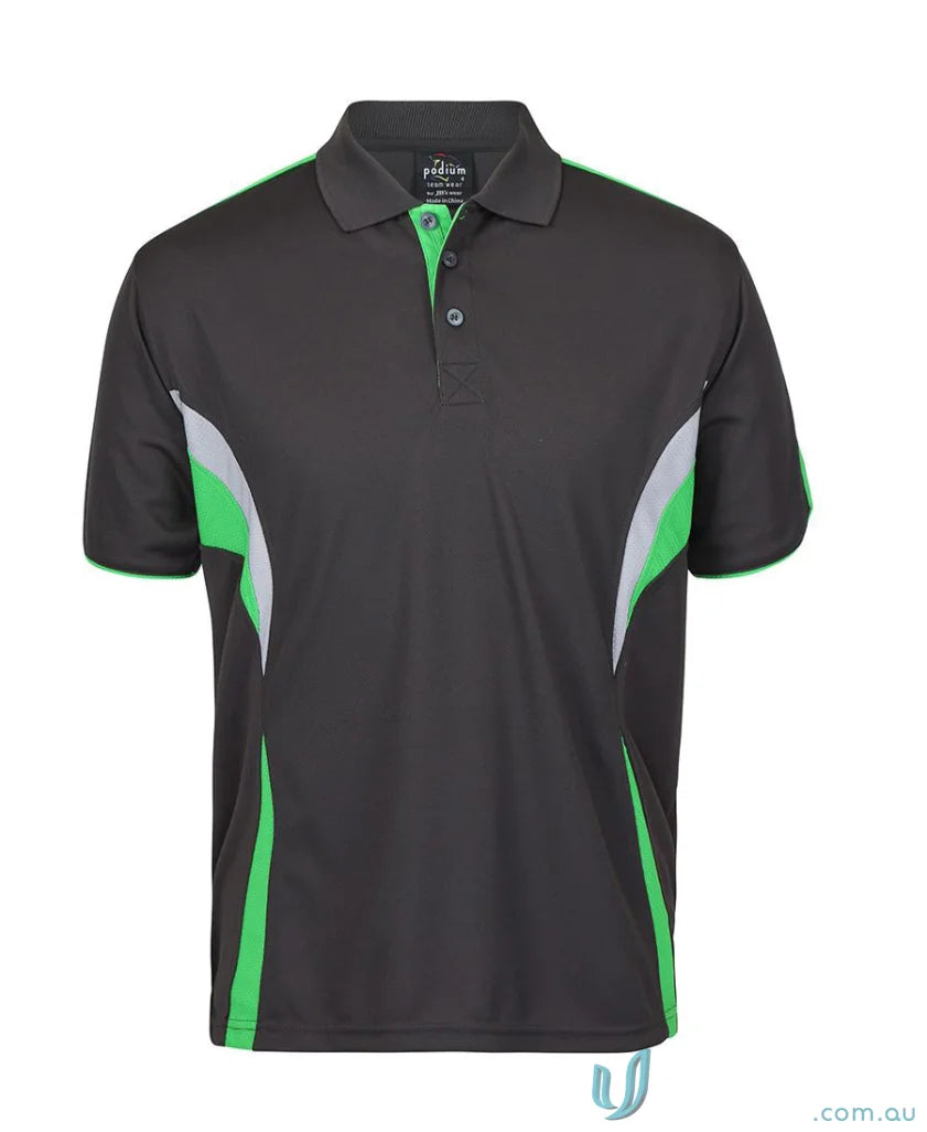 Black JBs Podium Cool polo with dual-color body panel and moisture-wicking tech