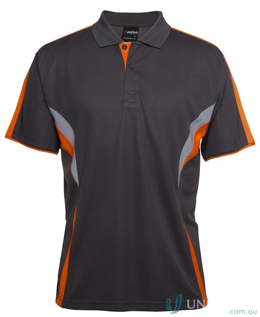 Gray and orange JBs Podium Cool Polo with dual-color body panel and moisture-wicking tech