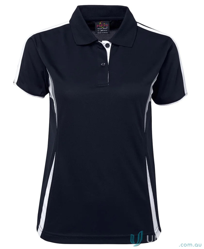 Navy and white womens polo shirt with dual-color body panel and moisture-wicking tech by JBs Podium Cool