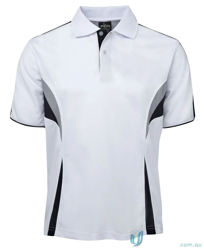 White JBs Podium Cool polo with dual-color body panel and moisture-wicking tech
