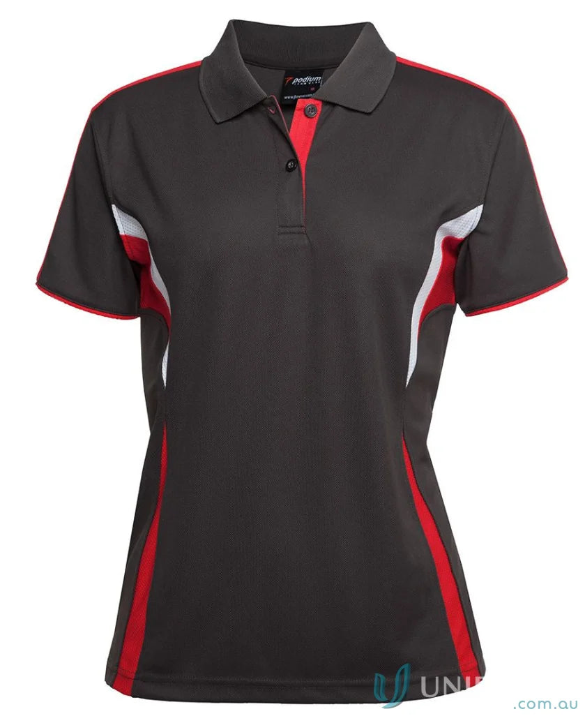 Womens gray JBs Podium Cool Polo with dual-color body panel and moisture-wicking tech