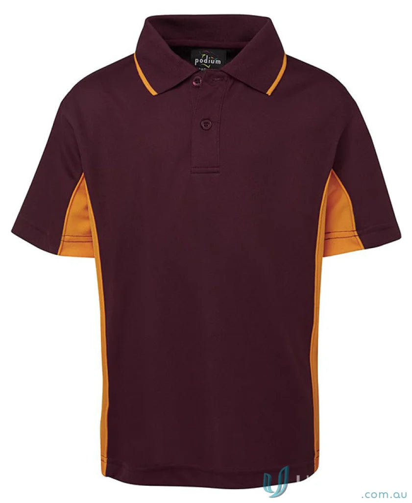 Maroon and gold JBs Podium Kids Contrast Polo shirt for boys or girls