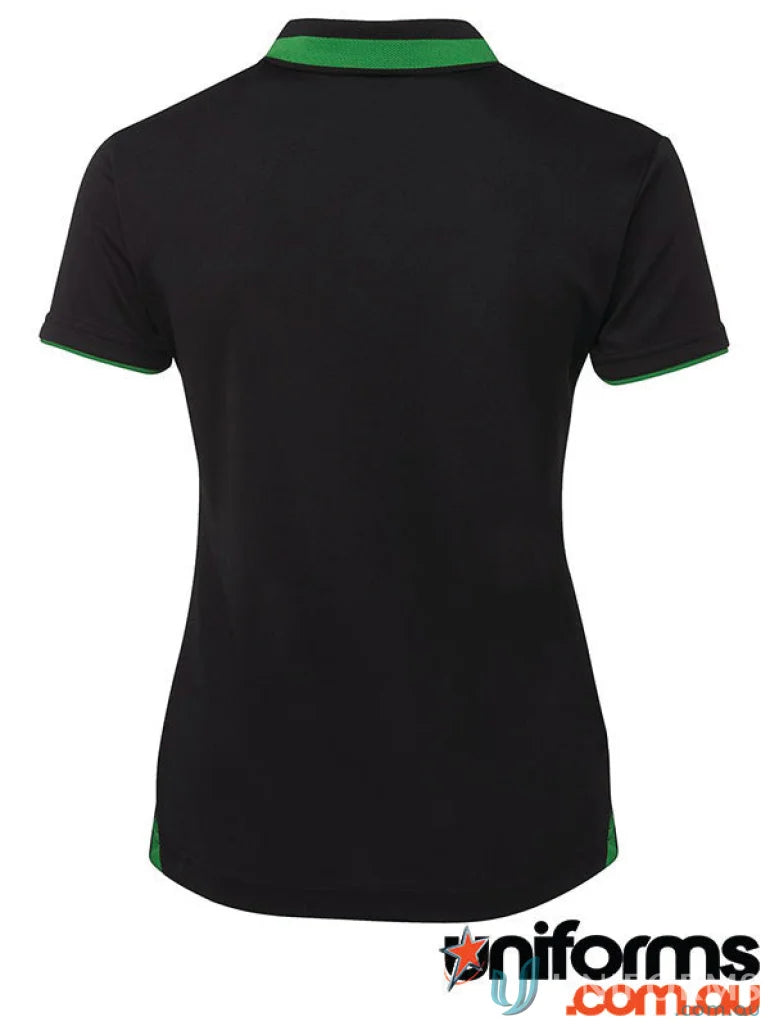 Black polo shirt with green trim from JBS Podium Ladies Swirl Polo collection