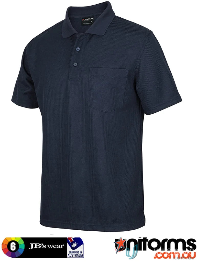 Navy blue JB’s Podium Waffle Pocket Polo shirt with three buttons and chest pocket