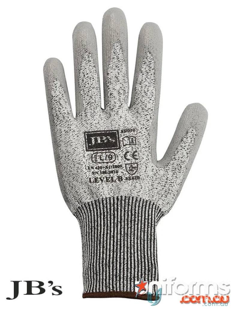 Gray and black work glove for handling tasks, sold in JBs PU Breathable Cut Resist Level B Glove pack
