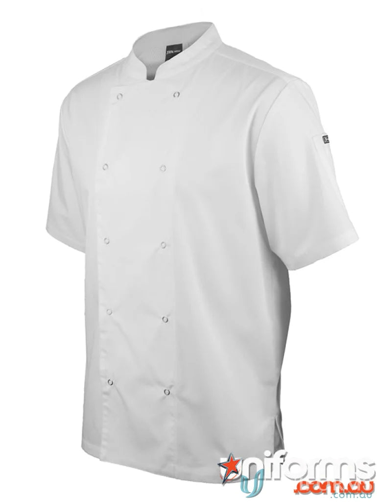White short-sleeved snap button chef’s jacket with mesh panels and pen pockets