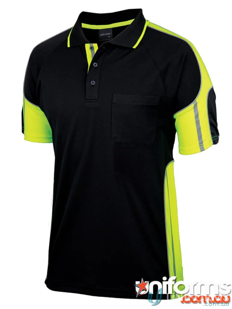 Black and neon yellow JB’S S/S STREET PANEL POLO fabric workwear or casual uniforms