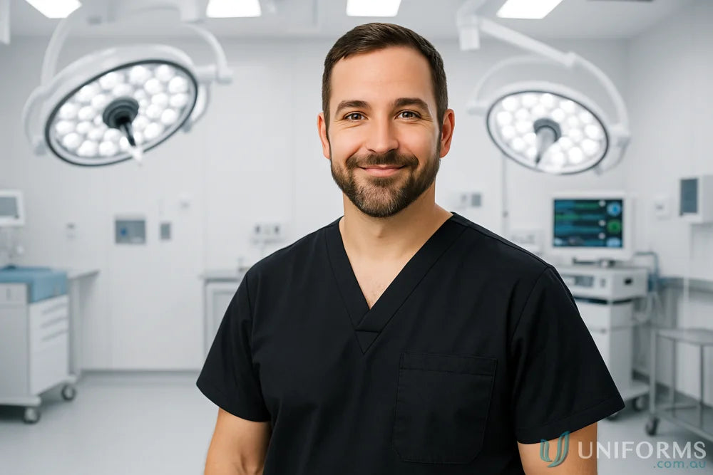 Smiling male surgeon in JBs Unisex Scrubs Top with chest pocket in operating room