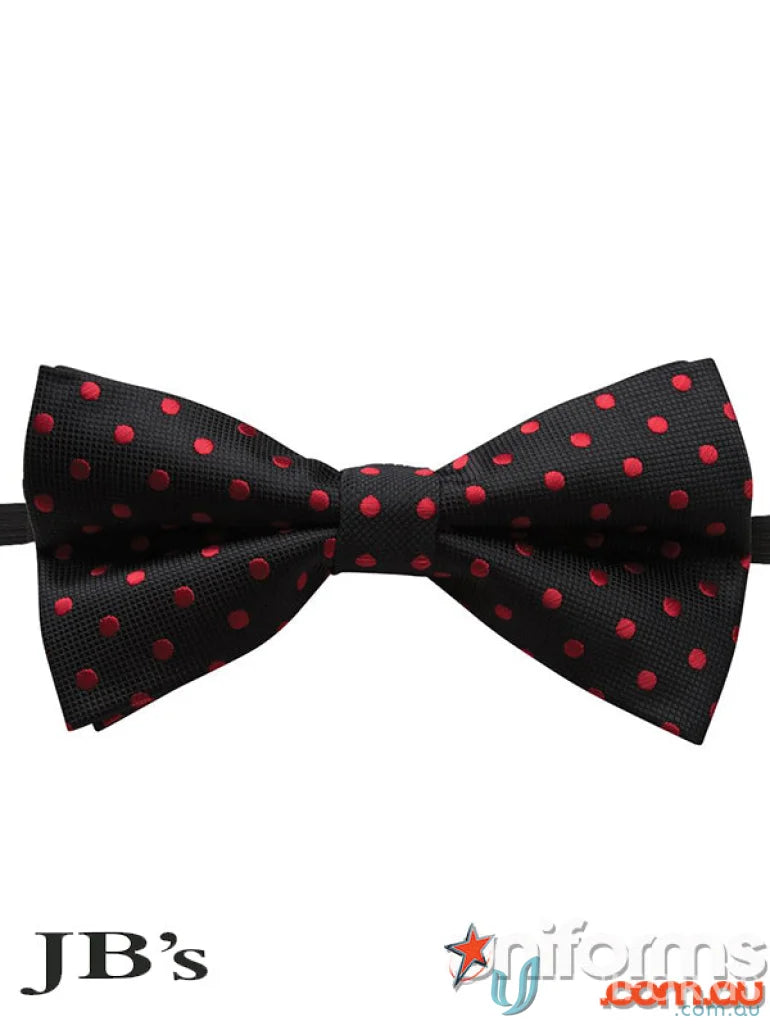 Black bow tie with red polka dots from JBs Waiting Bow Tie, perfect for uniforms or workwear