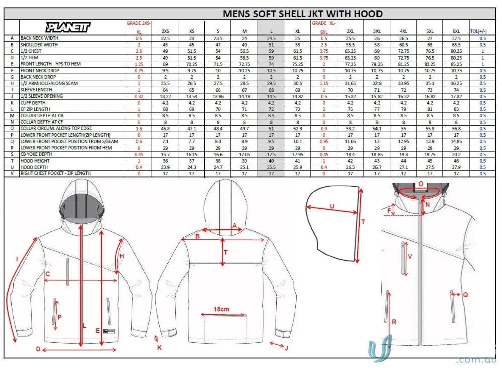 Measurement chart for men's soft shell jacket with hood, including size chart and jacket illustrations.