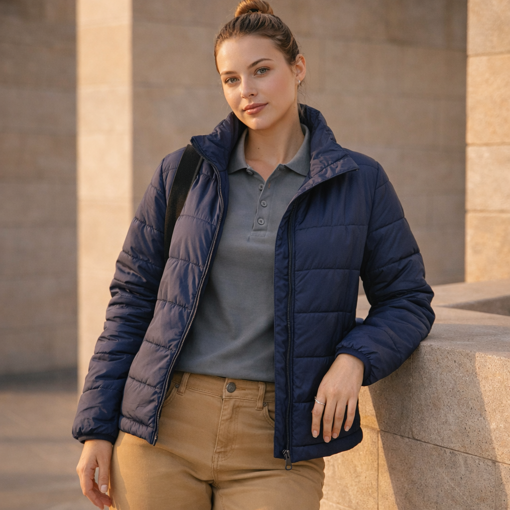 Navy blue quilted 3d cut sustainable insulated puffer jacket ideal for workwear and uniforms