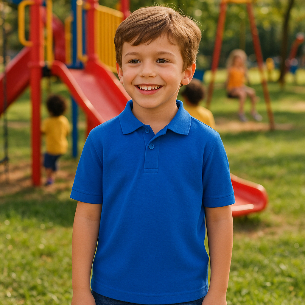 Junior heavyweight polo in bright blue with rib collar jersey fabric