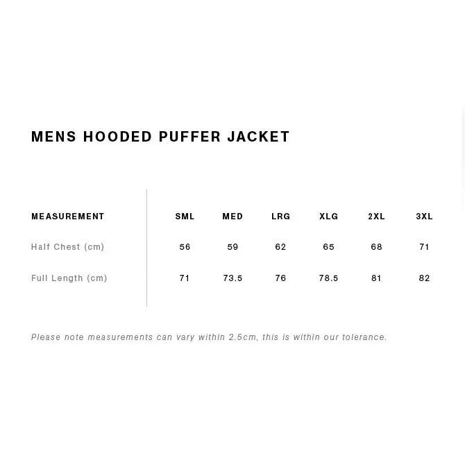 Men’s kaden hooded puffer jacket size chart showing half chest and full length for workwear uniforms sml to 3xl