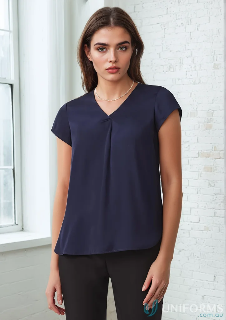 Kayla V-Neck Pleat blouse in navy blue with short sleeves and front pleats, RB967LS Biz Collection