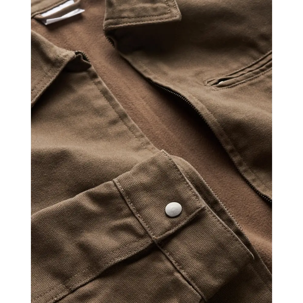 Keely canvas jacket in brown with white button chest pocket perfect for durable workwear and work uniforms