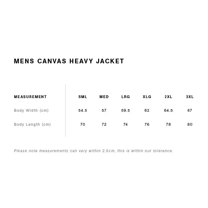 Men’s keely canvas heavy jacket size chart showing body width and length measurements for work uniforms and workwear