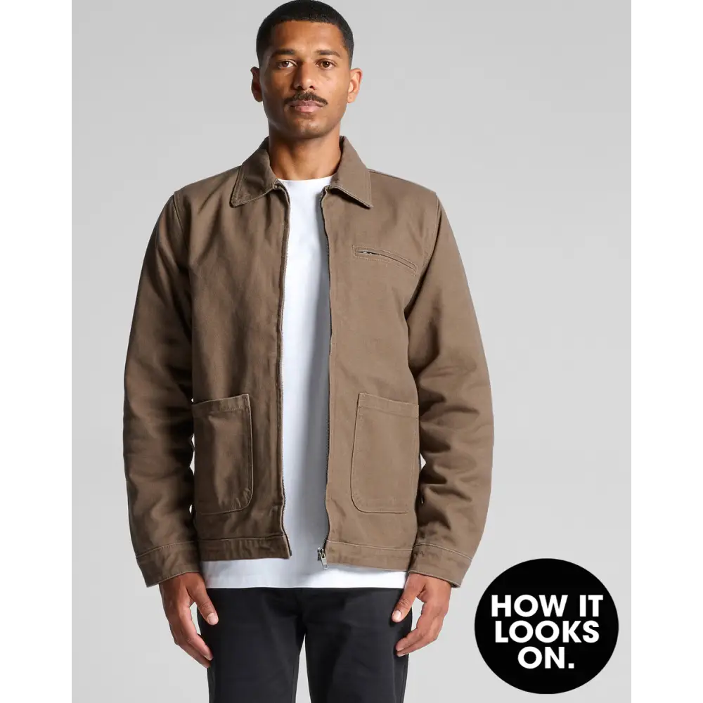 Brown keely canvas work jacket with collar and two front pockets perfect for durable workwear uniforms