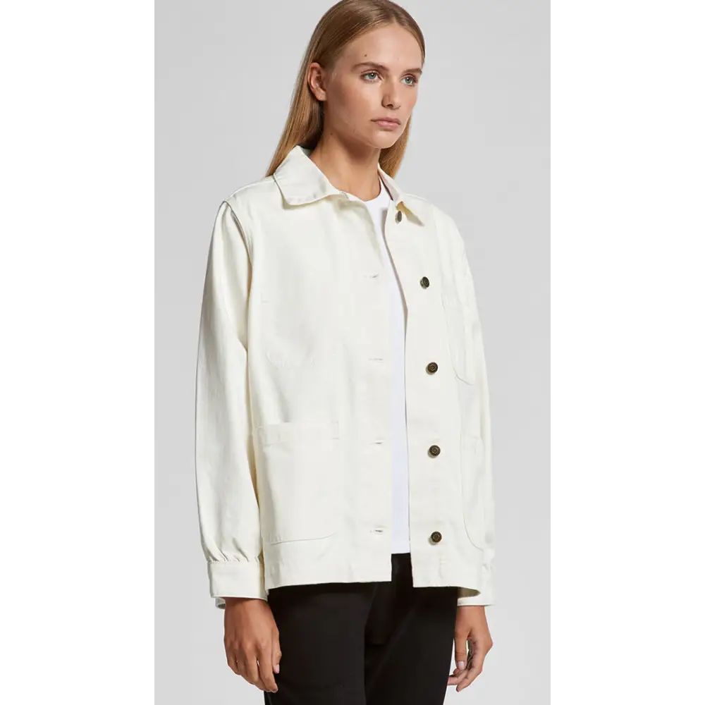 Cream-colored cotton keely denim jacket with dark buttons and classic collar perfect for uniforms and workwear