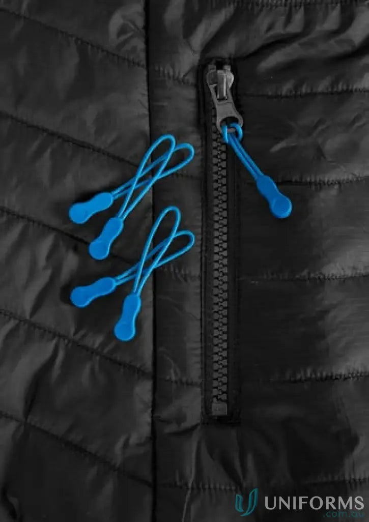 Black quilted jacket detail from KENNARDS Zippies workwear uniform for durability