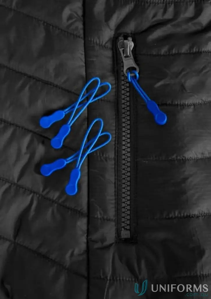 KENNARDS Zippies black quilted jacket with blue zipper pulls, perfect for workwear or uniforms