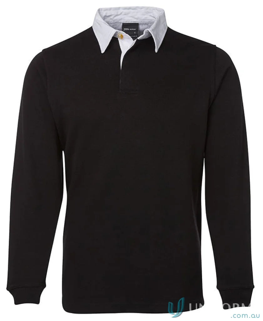 Kensington Rugby Jumper with black long sleeves and white collar, jbs rugby jumper style
