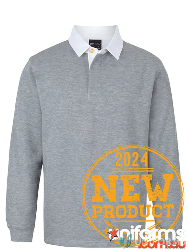 Gray long-sleeved JBs Rugby Jumper with ribbed sleeve cuffs and white collar
