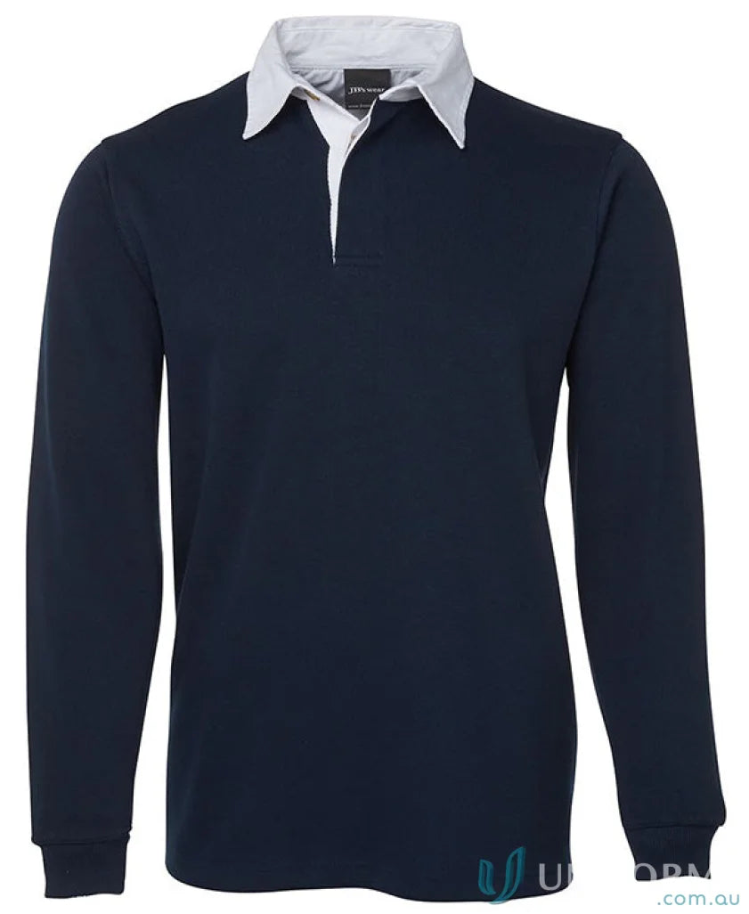 Navy blue Jbs Rugby Jumper with white collar and ribbed sleeve cuffs for style